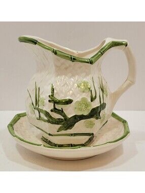 Vtg Inarco Mini 3.75" Pitcher and 5.5" Basin Set Japan Bamboo and Floral Design